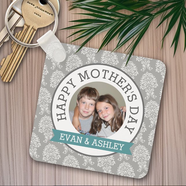 Happy Mother's Day - Custom Photo Template damask Key Ring (Personalized keychain - Photo Collage - Mother's Day)