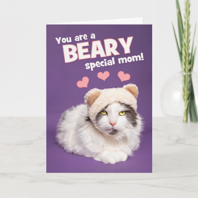 Happy Mother's Day Cute Cat in Bear Hat Humour  Holiday Card (Front)