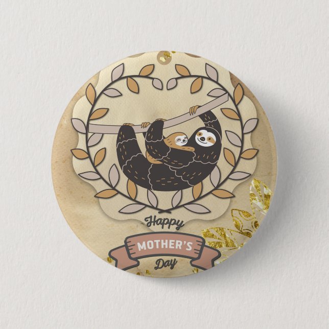 Happy Mother's Day Cute Fun Koala Sloth and Baby 6 Cm Round Badge (Front)