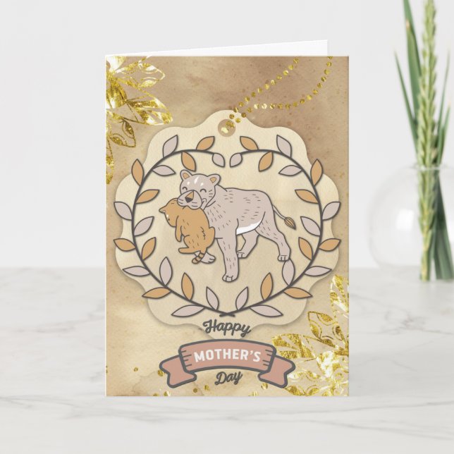 Happy Mother's Day Cute Fun Lion and Cup Card (Front)
