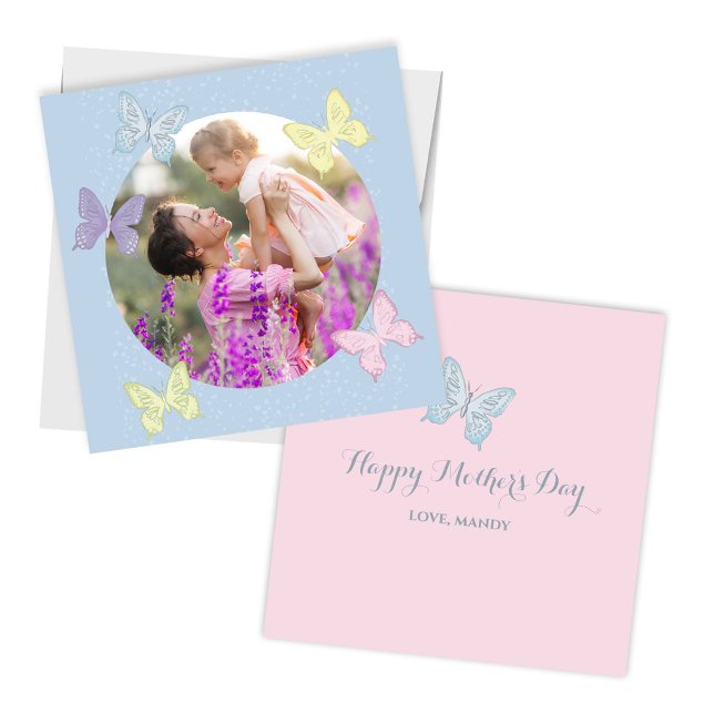 Happy Mother's Day Cute Photo Template (Pastel Butterflies custom Mother's Day Cards)