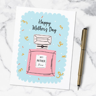 Happy Mothers Day Cute Pink Perfume on Blue Postcard