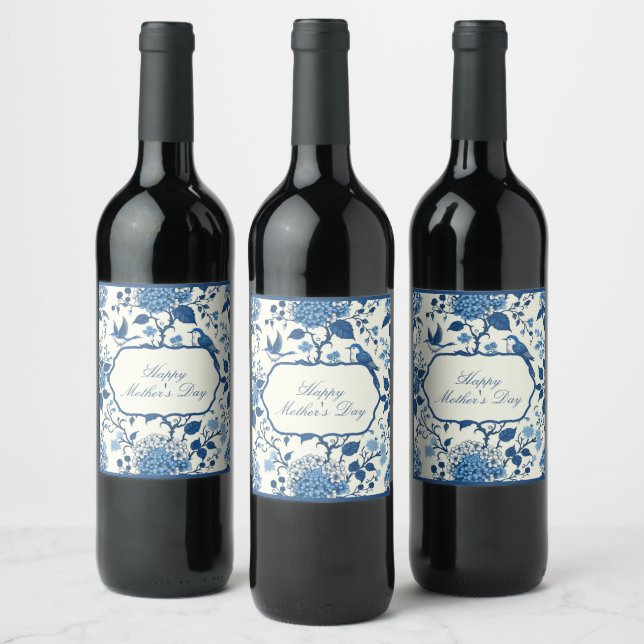 Happy Mother's Day Elegant Blue Chinoiserie Floral Wine Label (Bottles)
