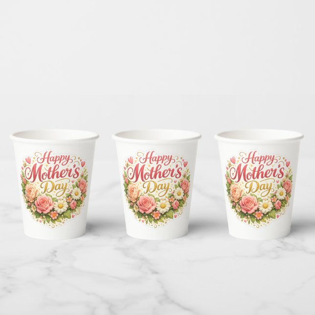Happy Mother's Day elegant floral wreath blue Paper Cups (Multi)