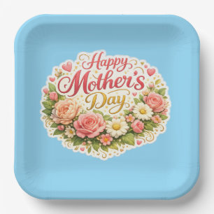 Happy Mother's Day elegant floral wreath blue Paper Plate