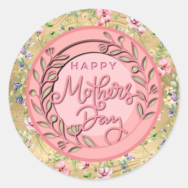 Happy Mother's Day Elegant Modern Pink Floral Classic Round Sticker (Front)
