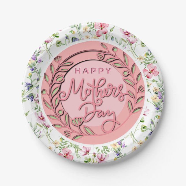 Happy Mother's Day Elegant Modern Pink Floral Paper Plate (Front)