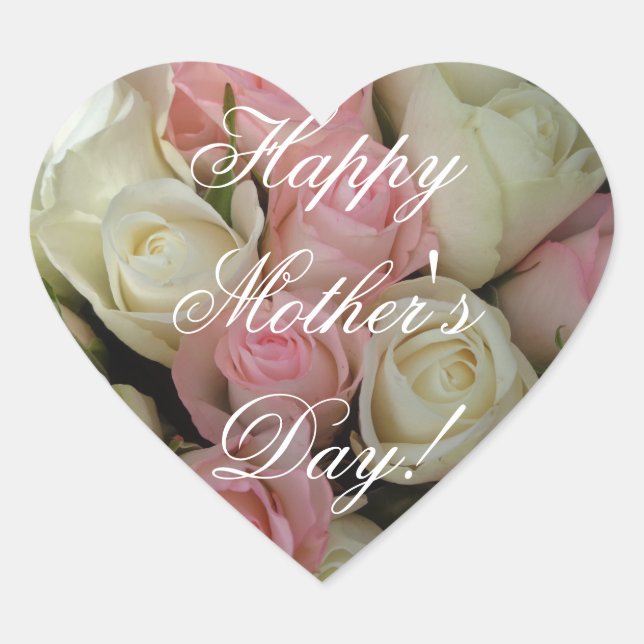 Happy Mother's Day Elegant Pink White Roses Floral Heart Sticker (Front)