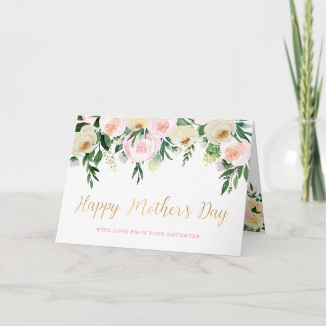 Happy Mother's Day Faux Gold and  Pink Floral  Card (Front)