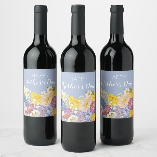 Happy Mother's Day Floral Blooms  Wine Label (Bottles)