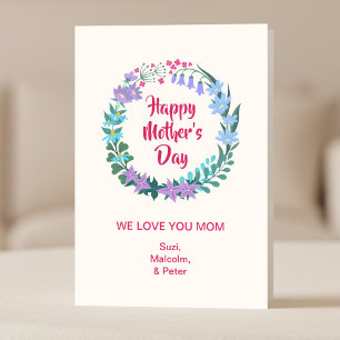 Happy Mother's Day Floral Blue Pink Flower Wreath Card
