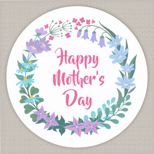 Happy Mother's Day Floral Blue Pink Flower Wreath Classic Round Sticker