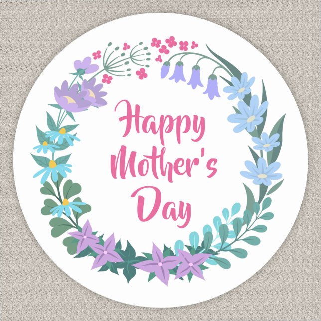 Happy Mother's Day Floral Blue Pink Flower Wreath Classic Round Sticker (Creator Uploaded)