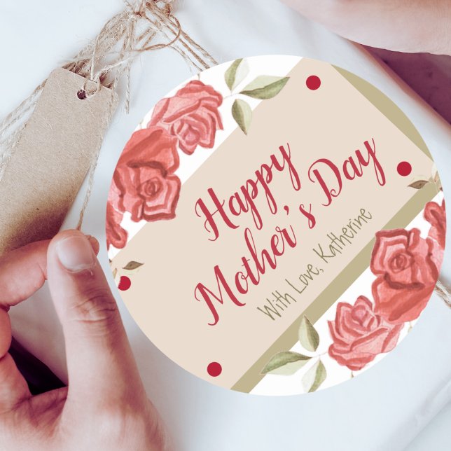 Happy Mother's Day Floral Classic Charm Red Rose Round Sticker (Creator Uploaded)