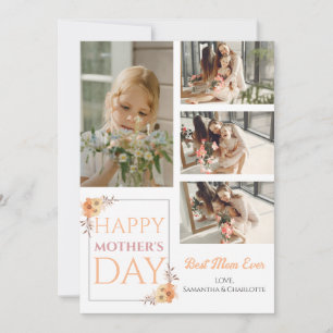 Happy Mothers Day   Floral Elegant Script 4 Photo Holiday Card