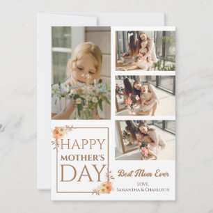 Happy Mothers Day Floral Elegant Script 4 Photo Holiday Card