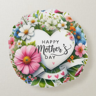 Happy Mothers Day Floral Heart  Round Cushion