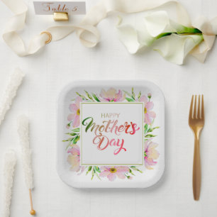 Happy Mother's Day Floral Watercolor Pink Flower Paper Plate