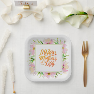 Happy Mother's Day Floral Watercolor Pink Flower Paper Plate