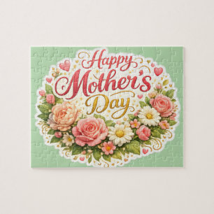 Happy Mother's Day floral wreath, Sage green jigsa Jigsaw Puzzle