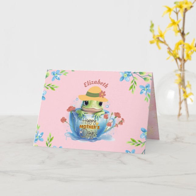 Happy Mother's Day Frog and Hat in a Teacup Card (Yellow Flower)