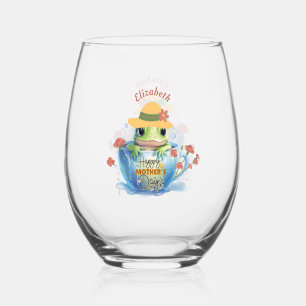Happy Mother's Day Frog and Hat in a Teacup Stemless Wine Glass