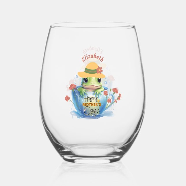 Happy Mother's Day Frog and Hat in a Teacup Stemless Wine Glass (Back)