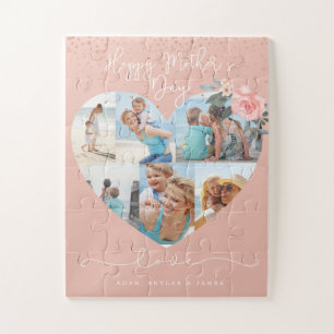 Happy Mother's Day Heart Floral Photo Collage Pink Jigsaw Puzzle
