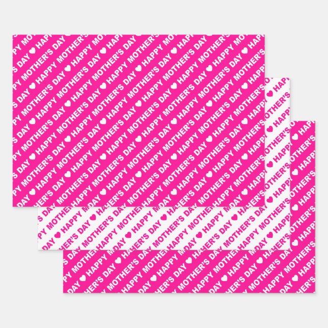 Happy Mother's Day Hot Pink and White Wrapping Paper Sheet (Set)