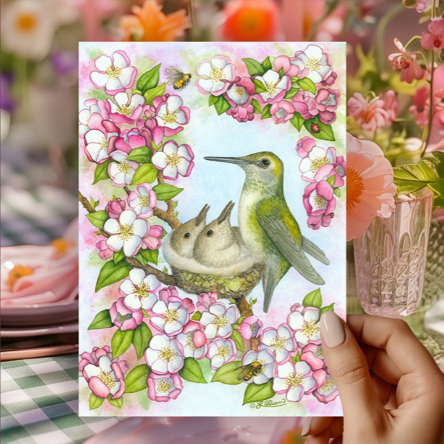 Happy Mothers Day Hummingbird Pink Blossoms Card (Happy Mother's Day Hummingbird at the nest with cherry blossoms, honey bees, and ladybug. )