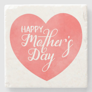 Happy mother's day in pink heart, watercolor heart stone coaster