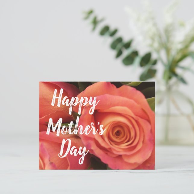 Happy Mothers Day Modern Coral Rose Floral Holiday Postcard (Standing Front)