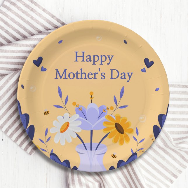 Happy Mother's Day Modern Flowers Floral Botanical Paper Plate (Creator Uploaded)