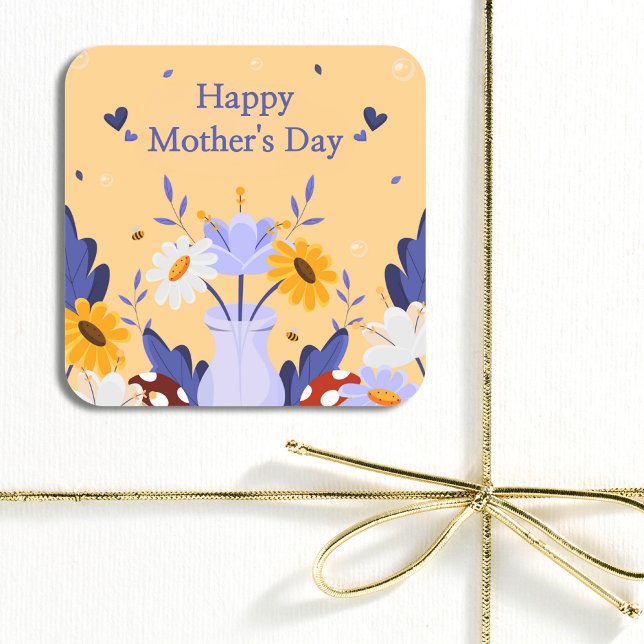 Happy Mother's Day Modern Flowers Floral Botanical Square Sticker (Creator Uploaded)