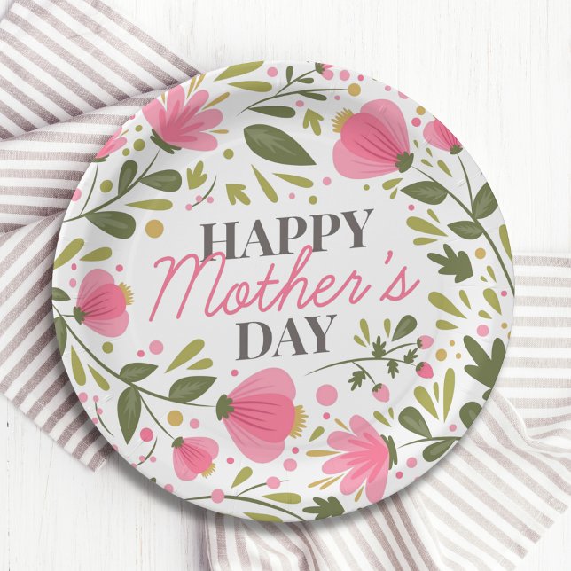 Happy Mother's Day Modern Pink Floral Botanical Paper Plate (Creator Uploaded)
