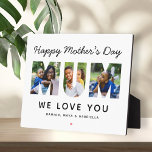Happy Mothers Day Mum Custom Photo Collage Plaque<br><div class="desc">Create a stylish and memorable gift for Mum this Mother's Day! This custom tabletop decor sign features a collage of three favourite family pictures of the kids designed as a modern and bold sans serif typography design. Personalise the custom text with the names of the children and modify the black...</div>
