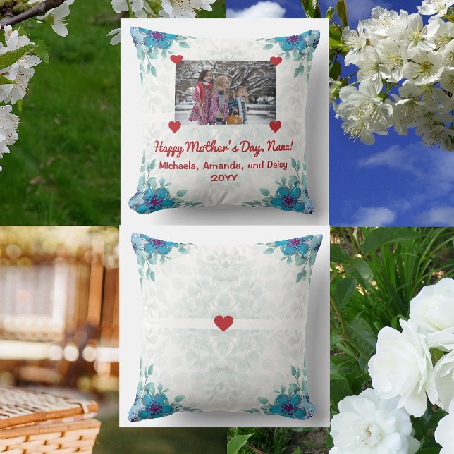Happy Mother's Day Nana Grandma Photo Names Floral Cushion (Happy Mother's Day, Nana! Elegant floral pillow with a personalized photo held up by red hearts)
