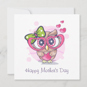Happy Mother's Day Owl Pink Love Hearts Holiday Card