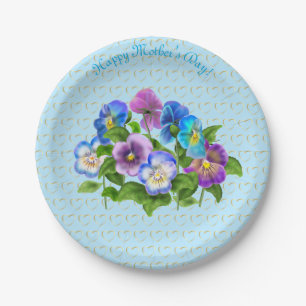 Happy Mother's Day Pansy Violet Flowers Watercolor Paper Plate