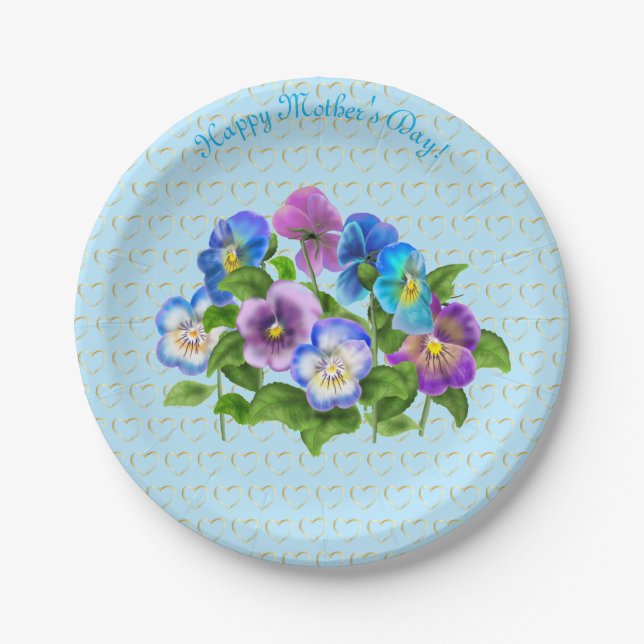 Happy Mother's Day Pansy Violet Flowers Watercolor Paper Plate (Front)