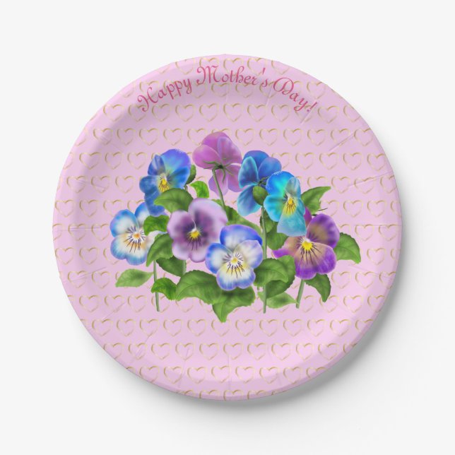 Happy Mother's Day Pansy Violet Flowers Watercolor Paper Plate (Front)