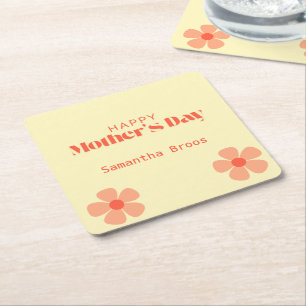 Happy Mother's day peach flowers pink Square Paper Coaster