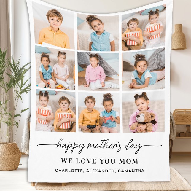 Happy Mothers Day Personalised Modern 9 Photo Fleece Blanket (Creator Uploaded)
