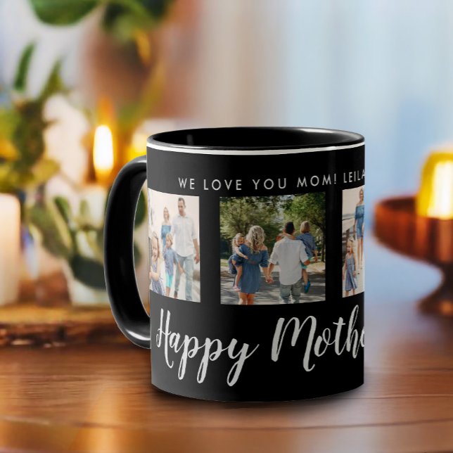 Happy Mother's Day Photo Collage Black Mug (Happy Mother's Day script font with 4 family photo slots along with a custom message)