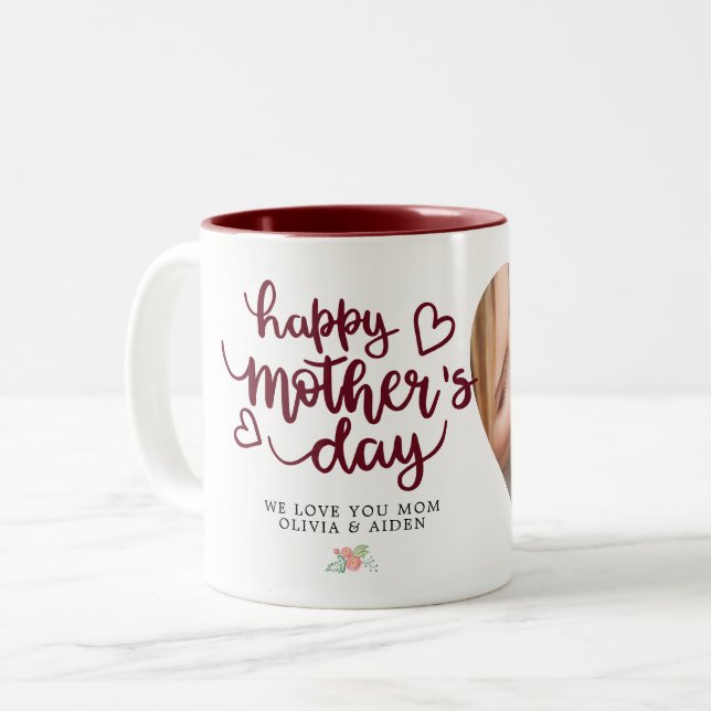 Happy Mother's Day Photo Custom Text Burgundy Two-Tone Coffee Mug (Front Left)