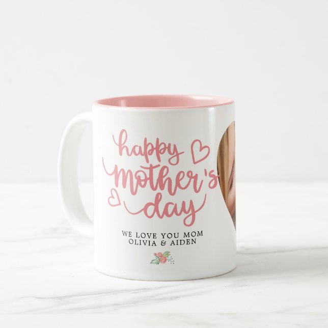 Happy Mother's Day Photo Custom Text Floral Pink Two-Tone Coffee Mug (Front Left)
