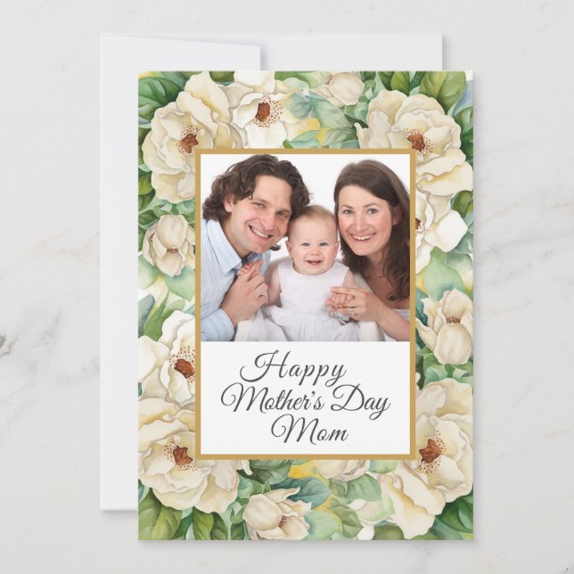 Happy Mother's Day Photo Floral Gold Name Script Holiday Card (Front)