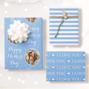Happy Mother's Day Photo I Love You Blue 3 Set Wrapping Paper Sheet