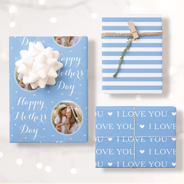 Happy Mother's Day Photo I Love You Blue 3 Set Wrapping Paper Sheet (Creator Uploaded)
