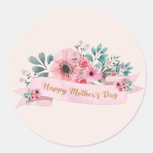 Happy Mother's Day Pink Floral Watercolour Classic Round Sticker (Front)